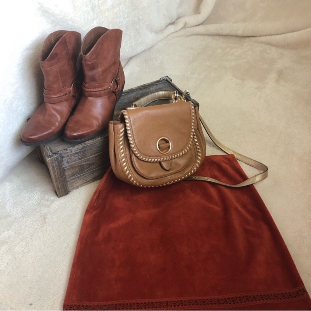 Franco Sarto Genuine Leather Western Short Harness Cowgirl Boots Cognac brown - Picture 9 of 16